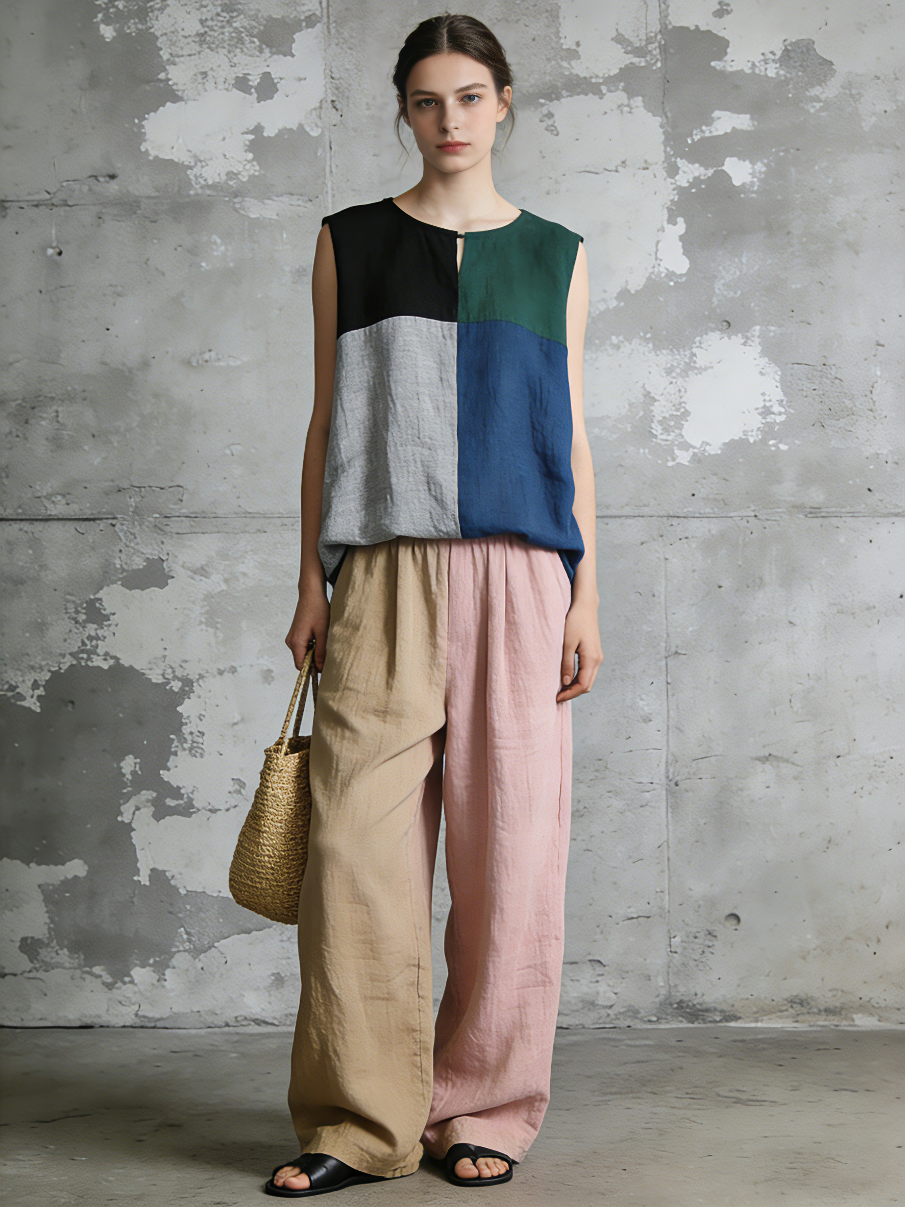 Women's Minimalist Color-Blocked Sleeveless Blouse Straight Leg Pants Set MDZ2602B0Y