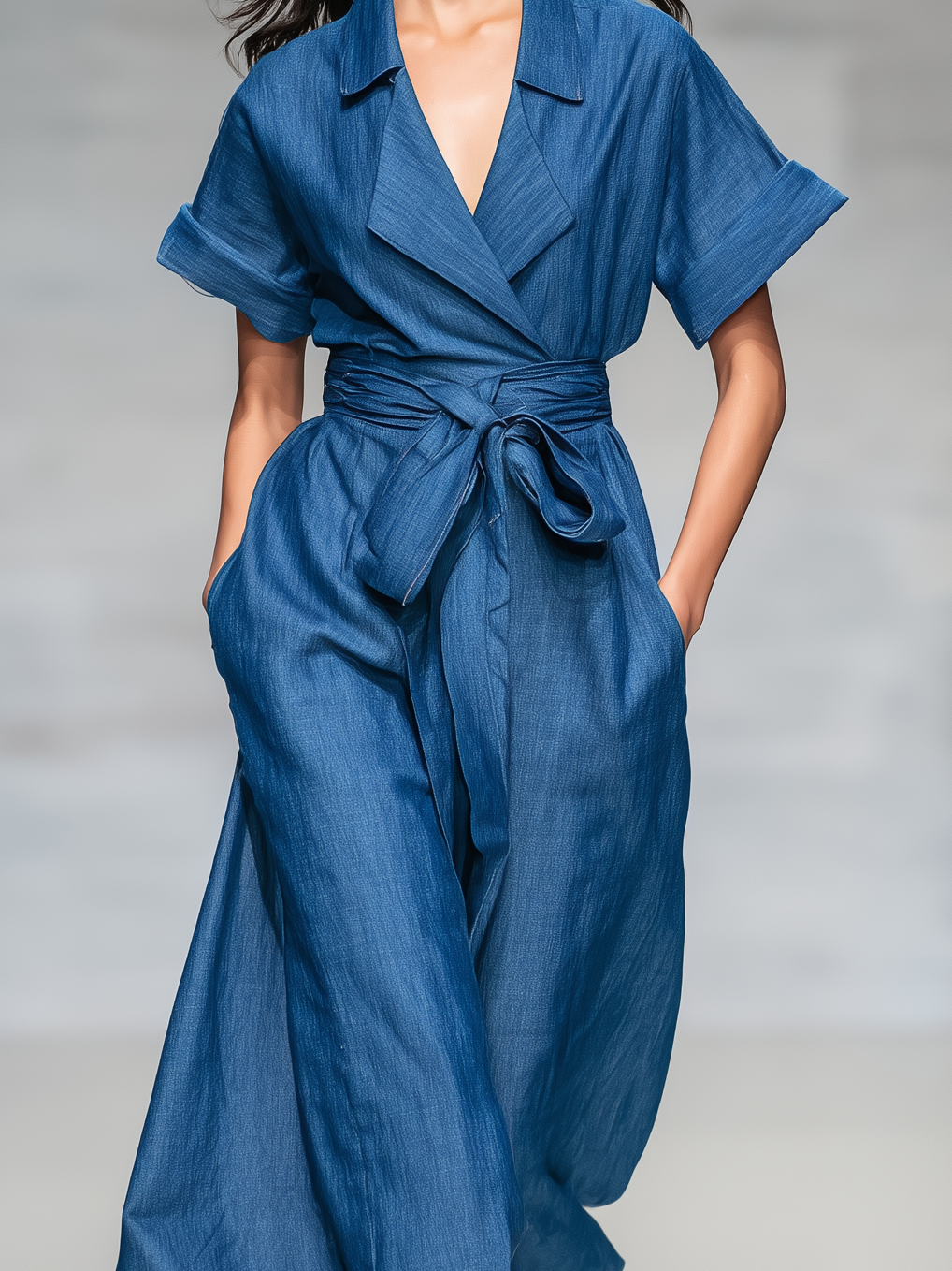 Women's Elegant Blue Denim-look Short-sleeved Jumpsuit MDA3176L7AN