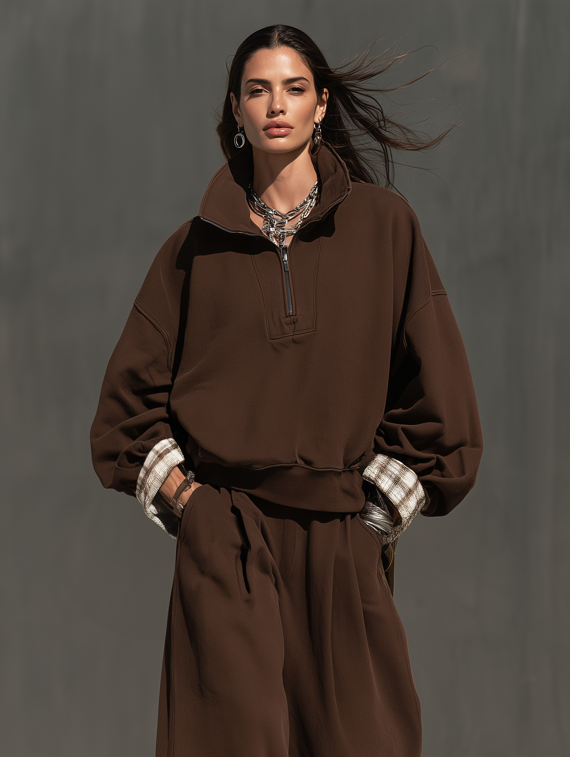 Women's Casual Long-Sleeved Top And Trousers In Brown Sweatshirt Fabric Two-Piece Set MDZ0853I7LXY