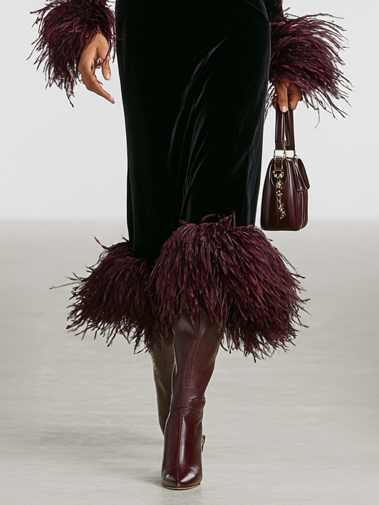 Women's Minimalist Velvet Patchwork Faux Ostrich Feather Cuffs And Hem Maxi Dress MDA1174J9Y