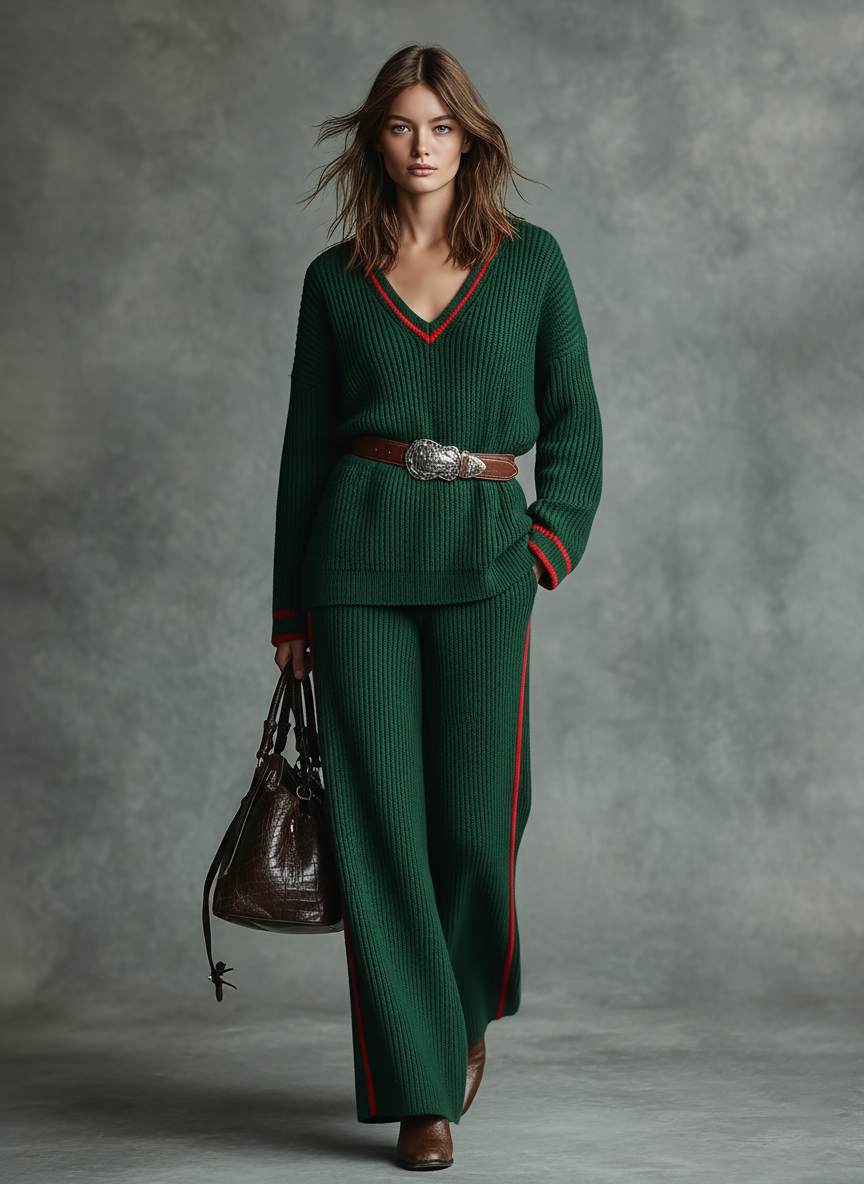 Women's Knitted V-neck Sweater And Straight Leg Pants Set (Belt Not Included) MDA2808J1Y