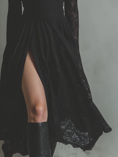 Women's Elegant And Fashionable Black Lace Long-sleeved Midi Dress With A Slit At The Hem MDA1299K3AN