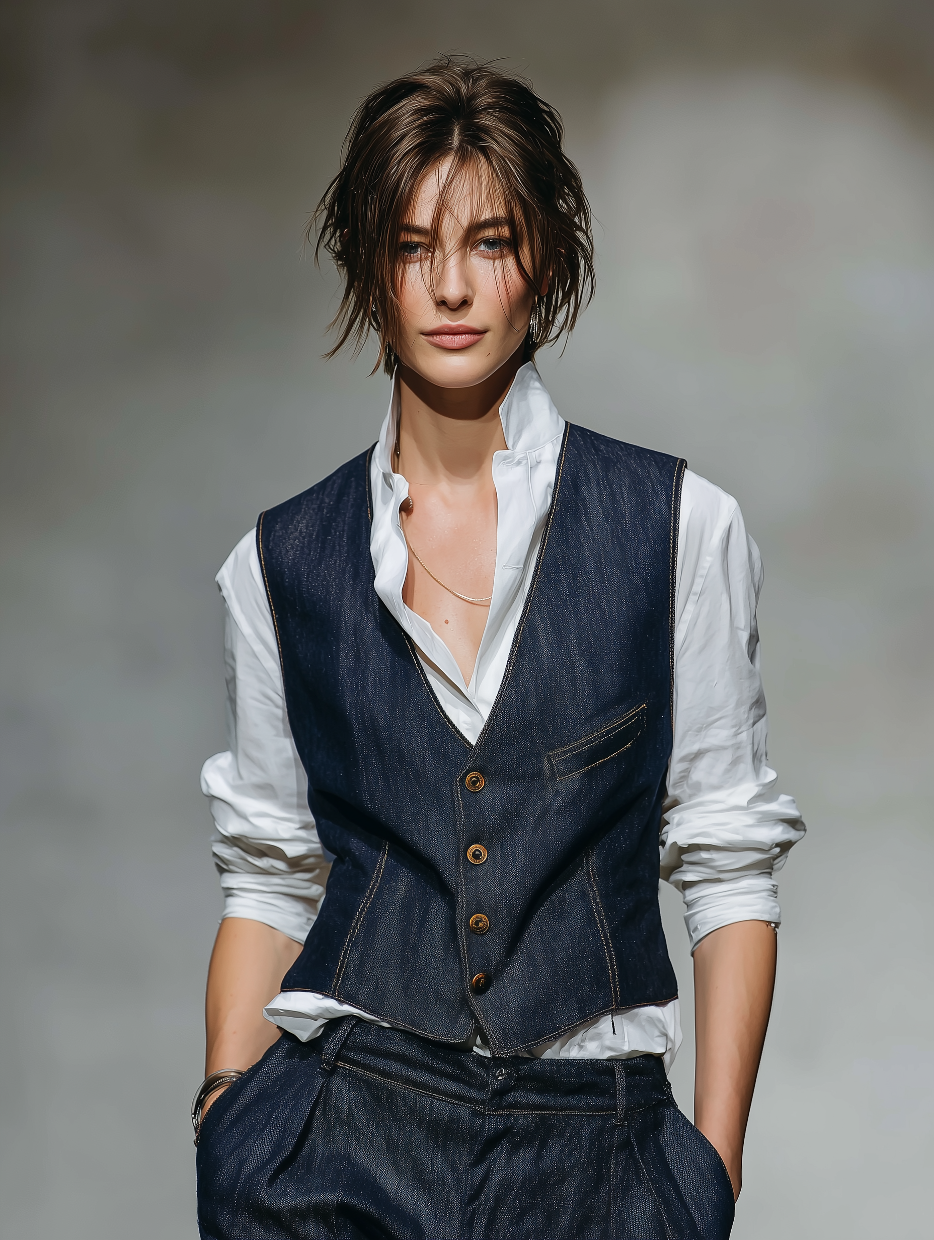 Women's Simple Single-breasted V-neck Denim Vest MDA2501K3Y