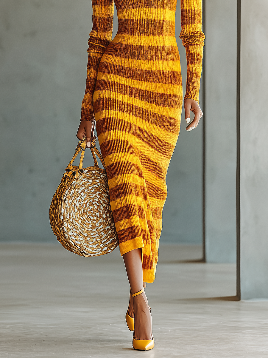 Women's Yellow Turtleneck Knitted Brown Striped Fitted Maxi Dress MDA0828I7T