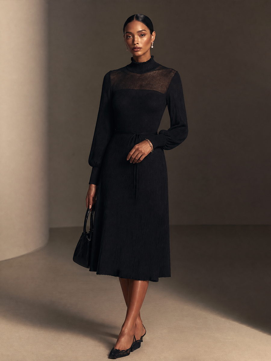 Women's Sheer Yoke Elegant Knit Mock Neck Midi Dress MDZ2791H5GMJ