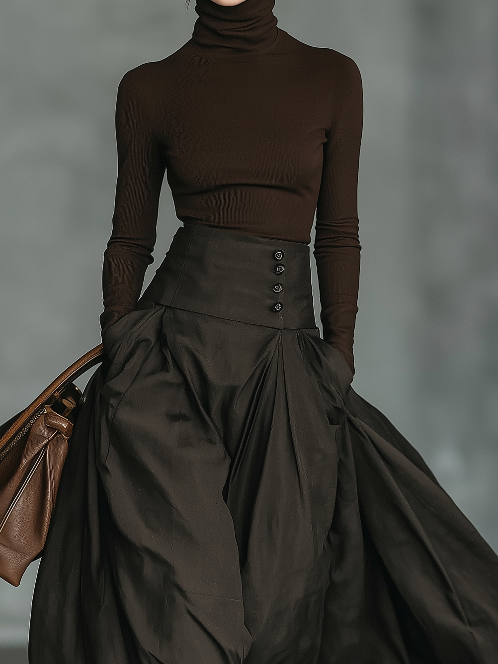 Women's Fashionable And Elegant Dark Brown Turtleneck Long-sleeved Slim-fit Knit Top Paired With A High-waisted Woven Midi Skirt MDA2864K9AN