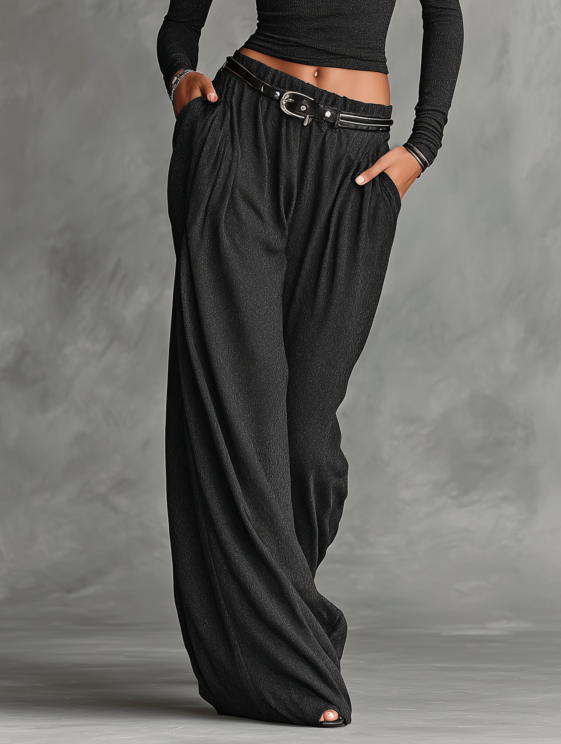 Women's Stretch Fabric Slim-fit Long-sleeved T-shirt And Wide-leg Pants Set (belt Not Included) MDA0734K7Y