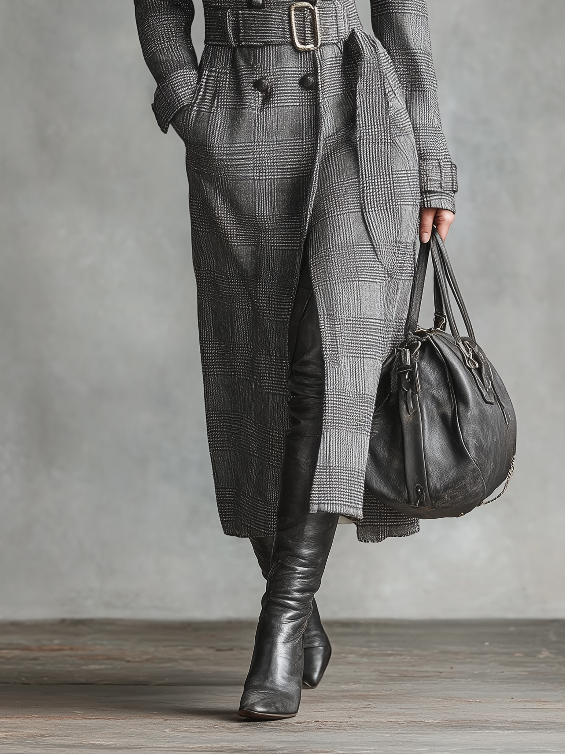 Women's Welsh Check Belted Lapel Long Coat MDA2108J1Y