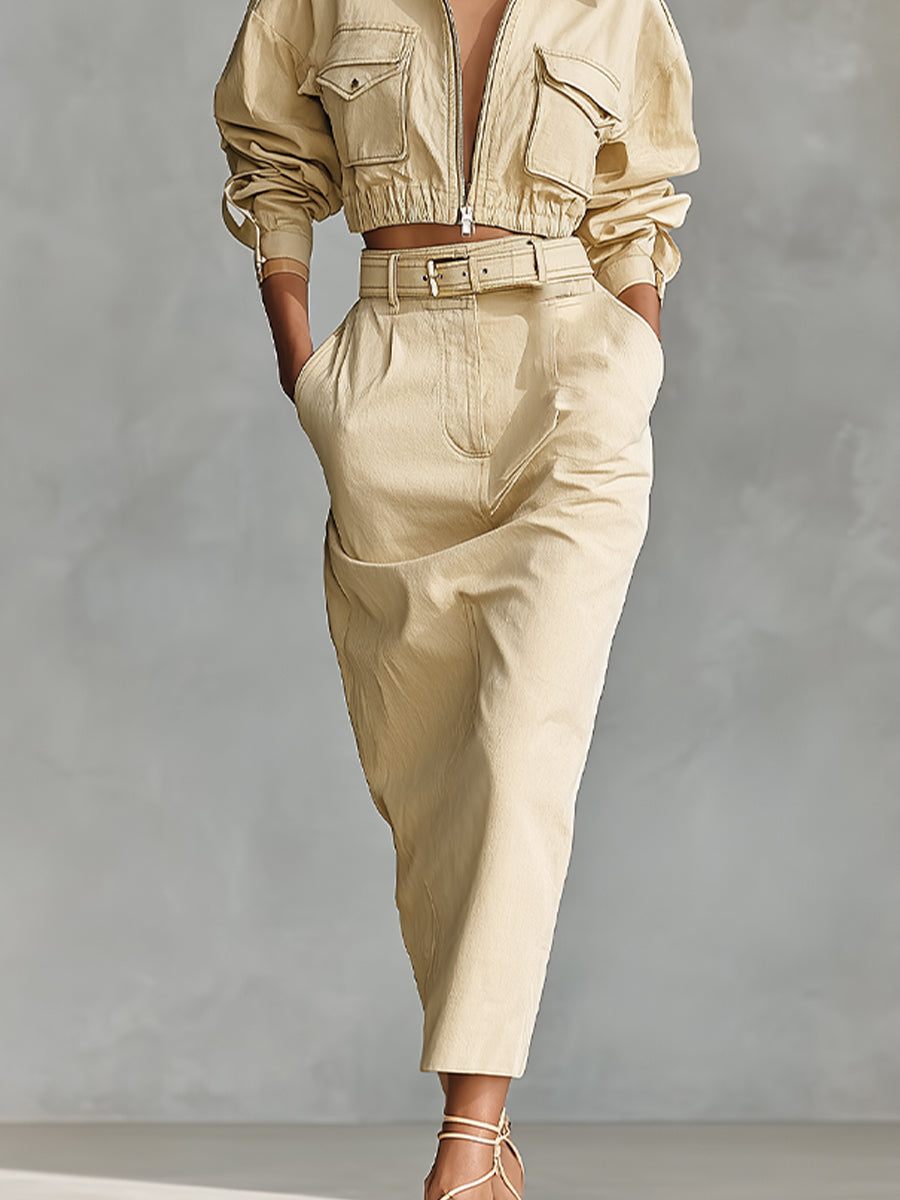 Women's Beige Chic Cotton - Blend Zip - Front Cropped Jacket And Belted Midi Skirt Set MDA1982I7I