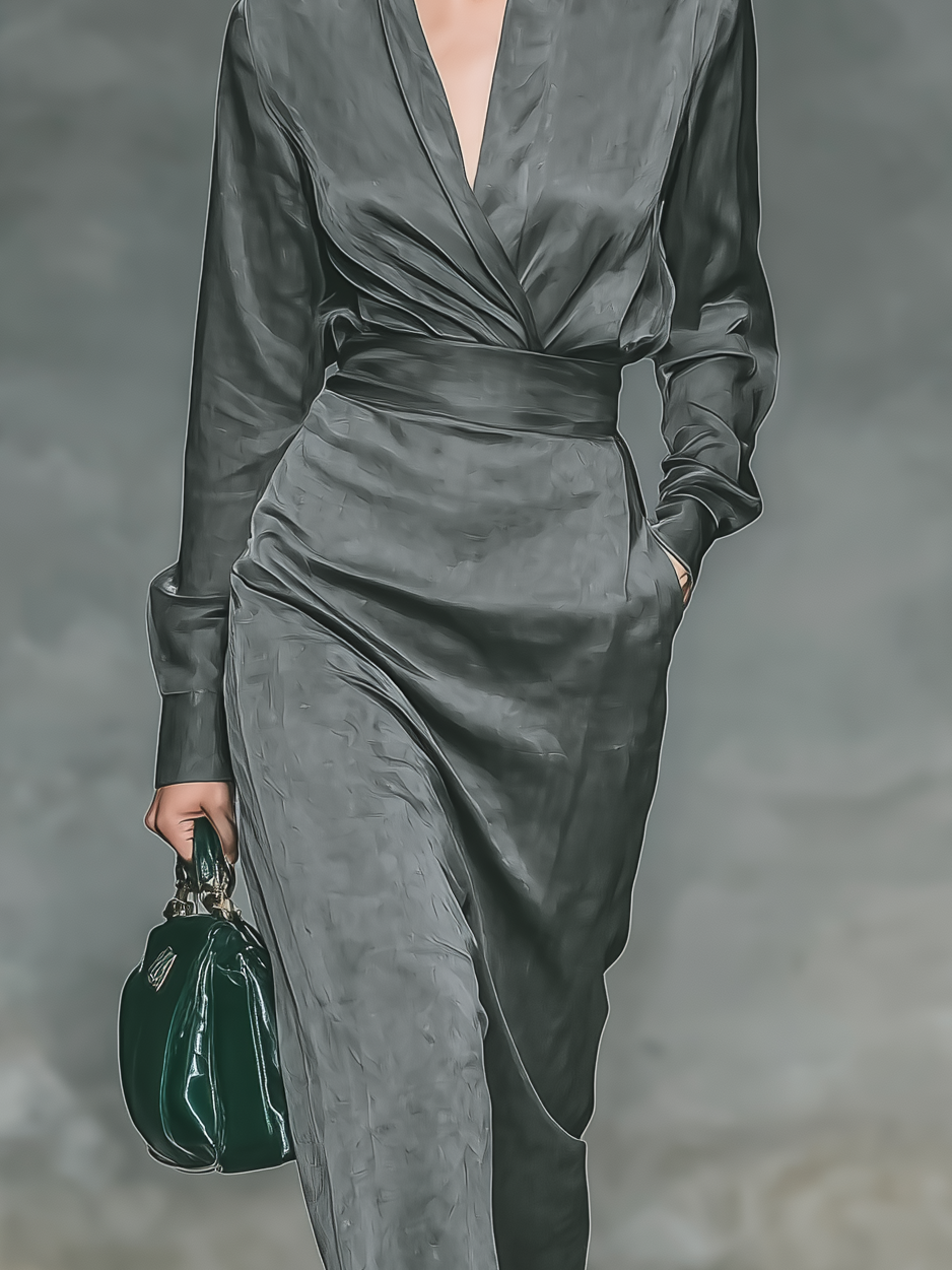 Women's Elegant Grey Glossy Satin Long-sleeved Shirt Paired With A Midi Skirt Suit MDA0811L6AN