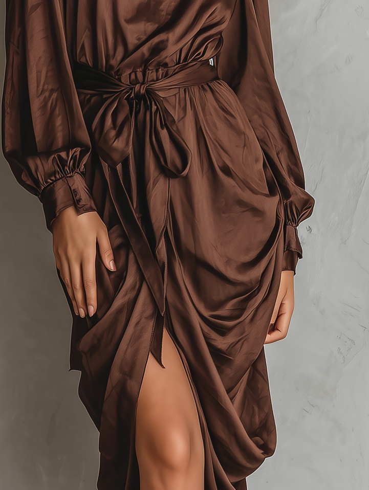 Women's Elegant And Stylish Brown Glossy Satin Long-sleeved Midi Dress, With Fitted Cuffs And A Tie Waist MDA1248K4AN