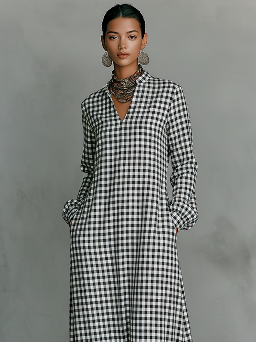 Women's Minimalist Cotton Plaid V-neck Long-sleeved Maxi Dress MDA2906K0Y