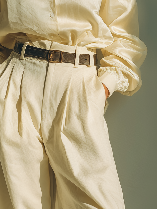 Women's Stylish And Elegant Beige Satin Long-sleeved Shirt Paired With Off-white Wide-leg Trousers (Belt Not Included) MDA1522K2AN