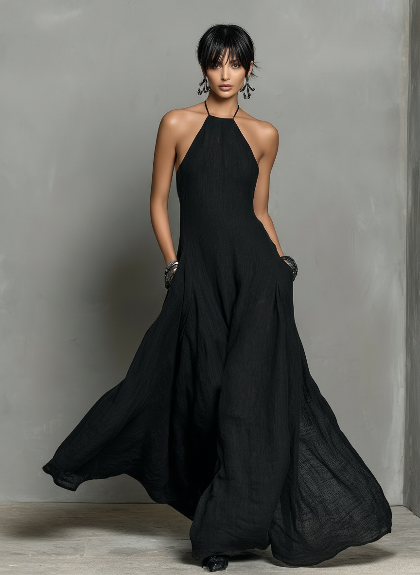 Women's Minimalist Linen Blend Halter Neck Sleeveless Maxi Dress MDZ22 –  Modesees