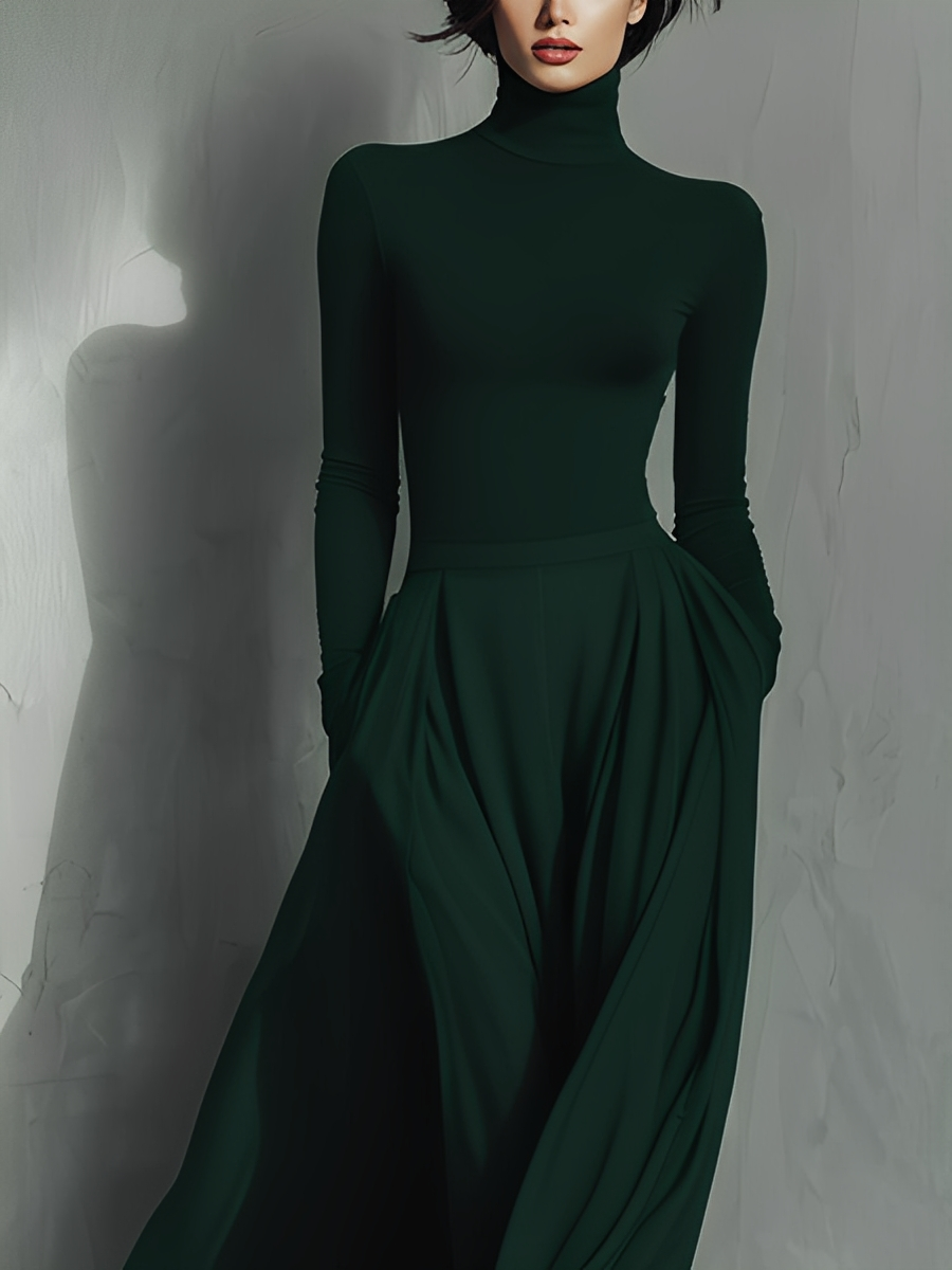 Women's Dark Green Stretchy Knit Turtleneck Slim-fit Long Dress MDA0875L3T