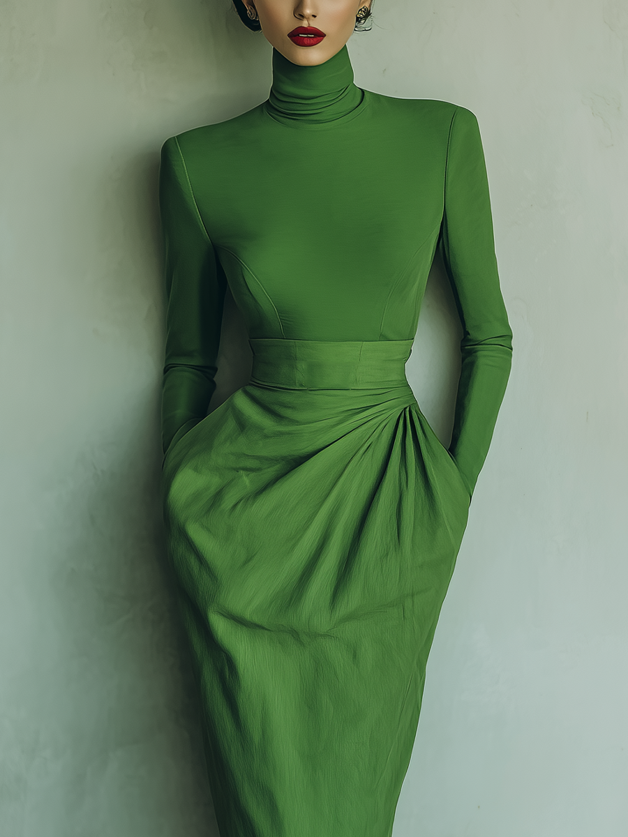 Women's Emerald Green High-stretch Knit Fabric Turtleneck Fitted Top & Ruched Midi Skirt Set MDA1237L0T