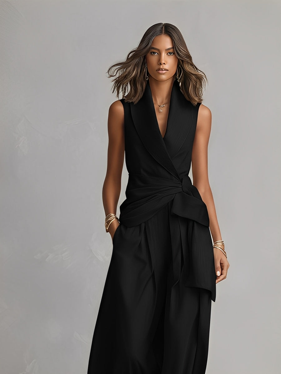 Women's Jet Black Structured Jumpsuit With Wide-Leg Pants & Side Pockets, Modern Bold-Elegant Style Jumpsuit MDZ1406A4I