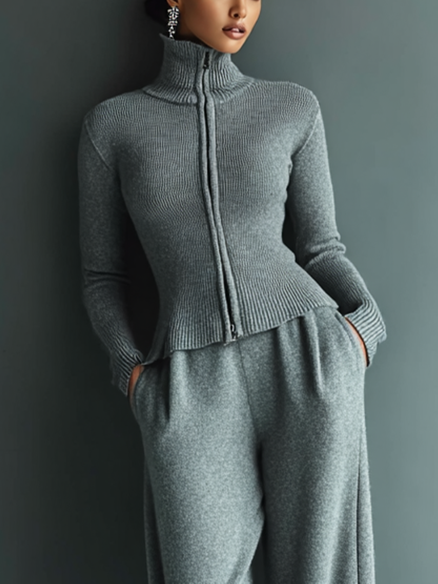 Women's Light Gray Knit Fitted Top And Wide-leg Pants Suit MDA1956K4T