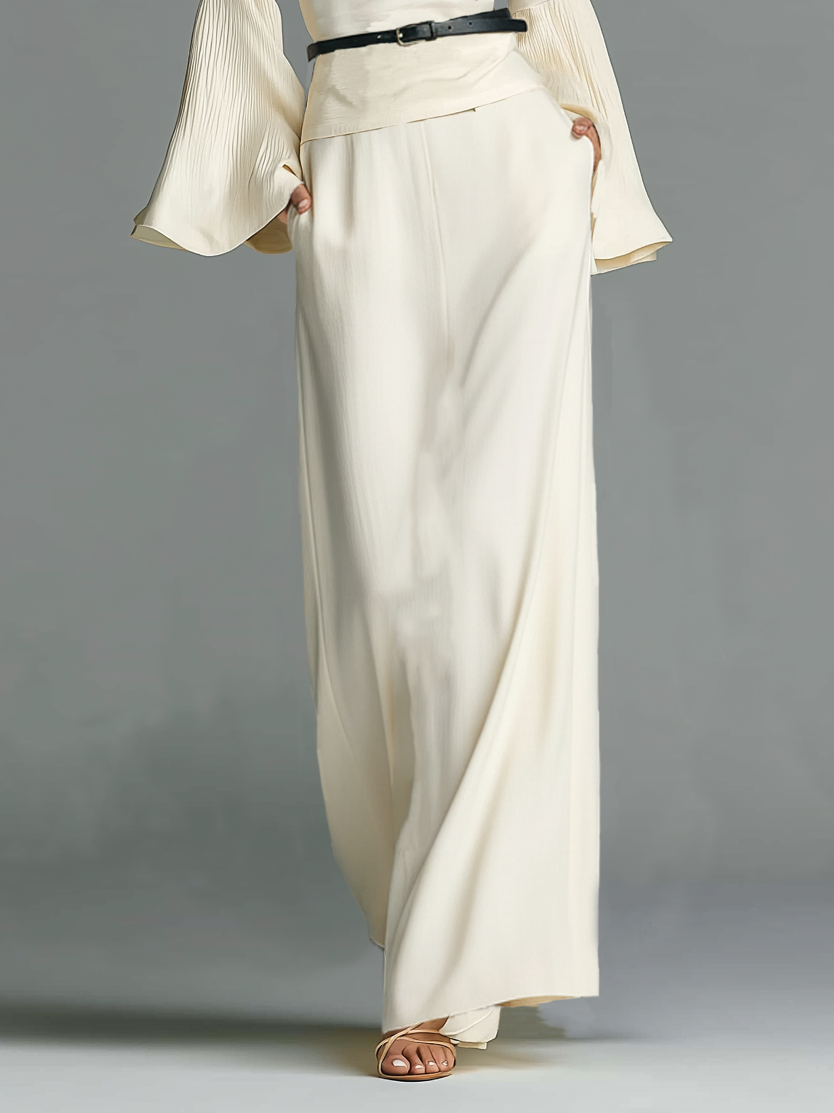 Women's Minimalist Flared-sleeve Blouse And Straight-skirt Set MDA0968L9Y