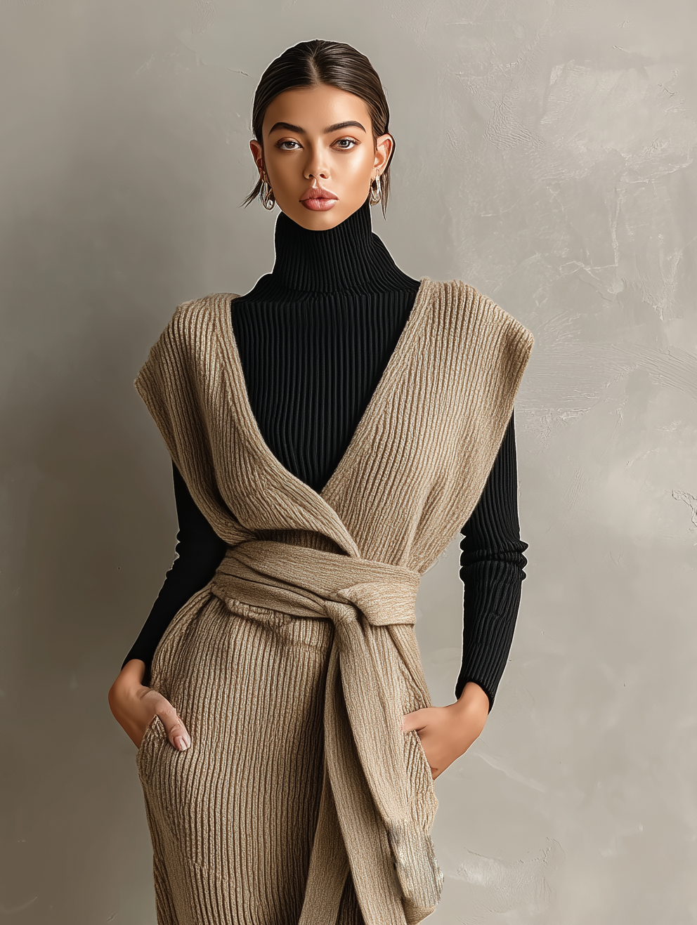 Women's Elegant And Stylish Khaki Knit Sleeveless V-neck Long Cardigan Dress MDA1463K5AN