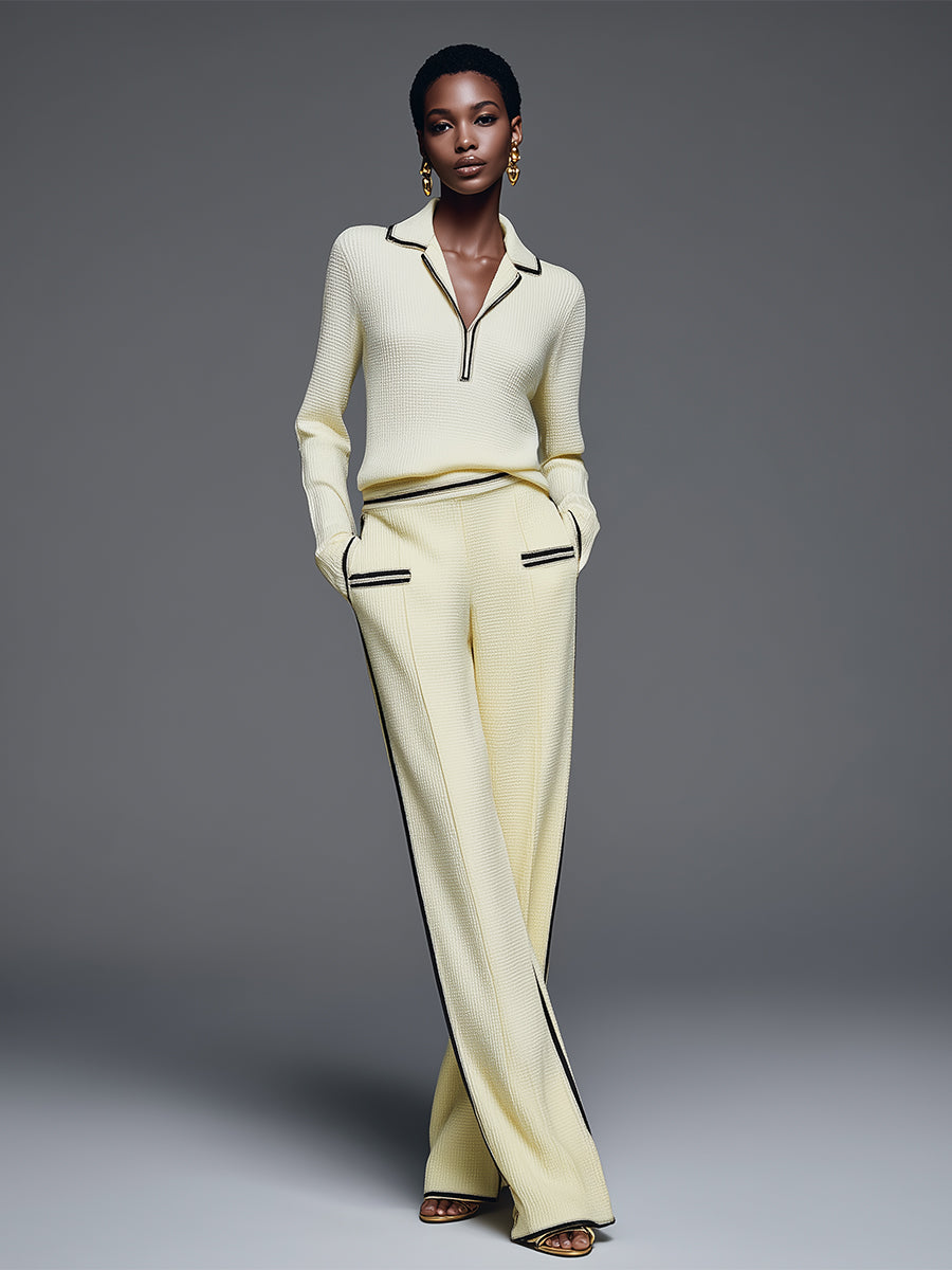 Women's Classy Knit Contrast - Trim Polo & Wide - Leg Pant Set MDA0416H8I