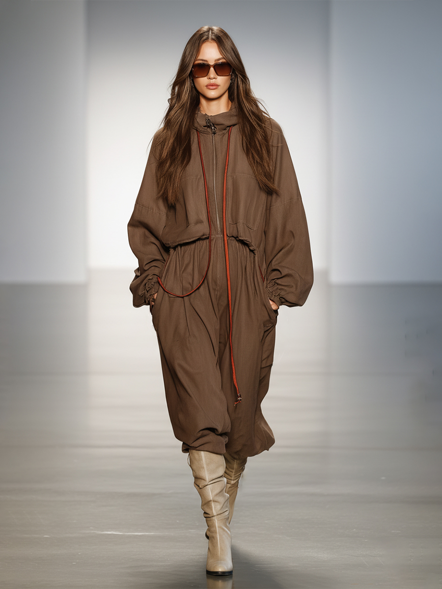 Women's Chocolate Brown Cotton Blend Hooded Dress With Contrasting Drawstring Midi Dress MDA0356K2I