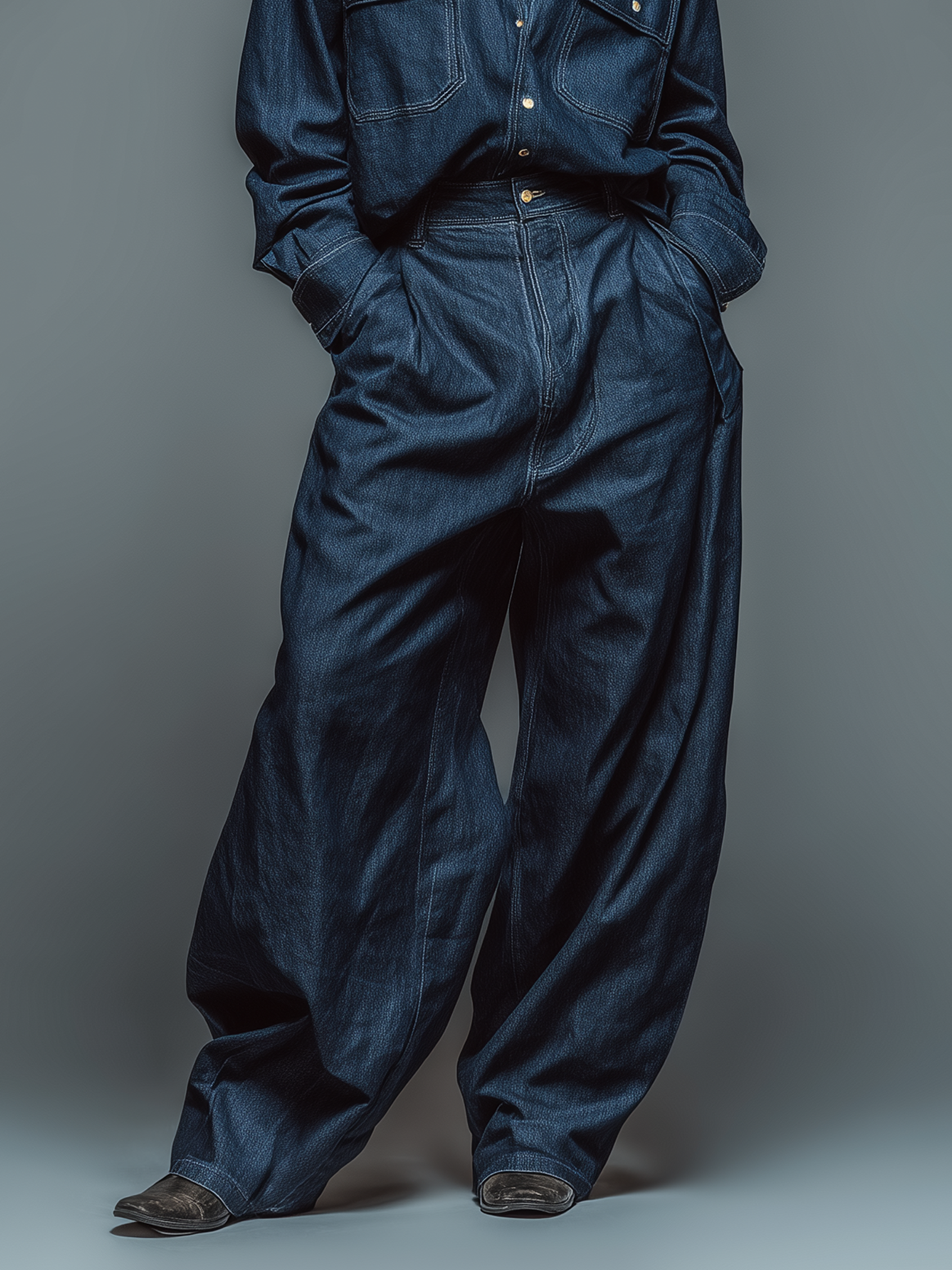 Women's Loose-fitting Raw Denim Shirt And Wide-leg Pants Set MDA1539K6Y