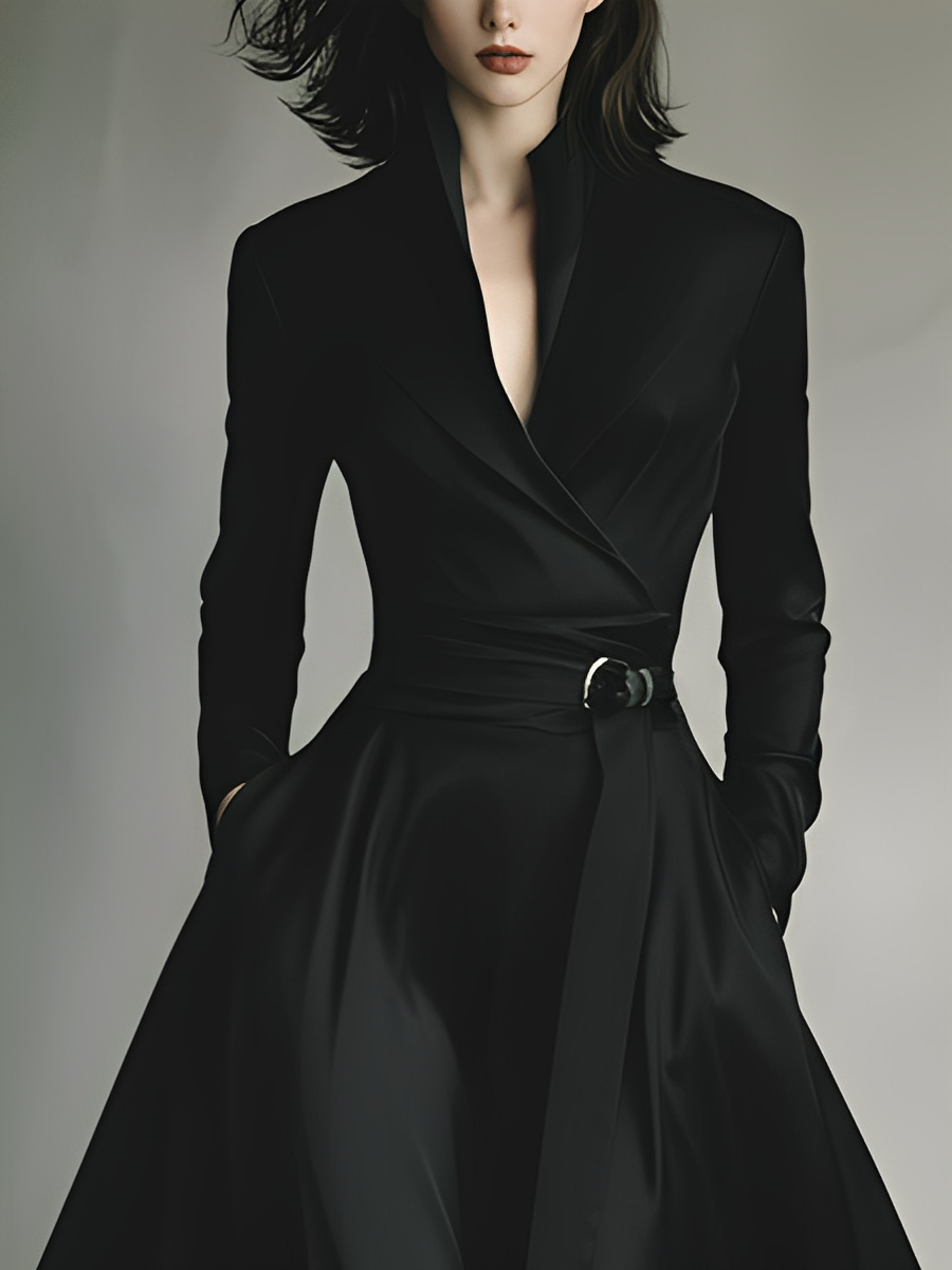 Women's Deep Black Satin Elegant Lapel Long Dress MDA2251K6T