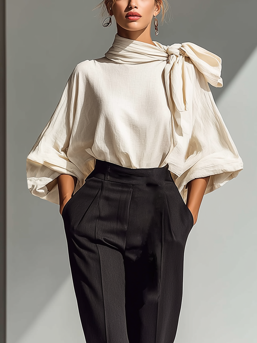 Women's Off-White Linen Fabric Bow-Detail Blouse & Black High-Waisted Trousers Set MDA2264L9T