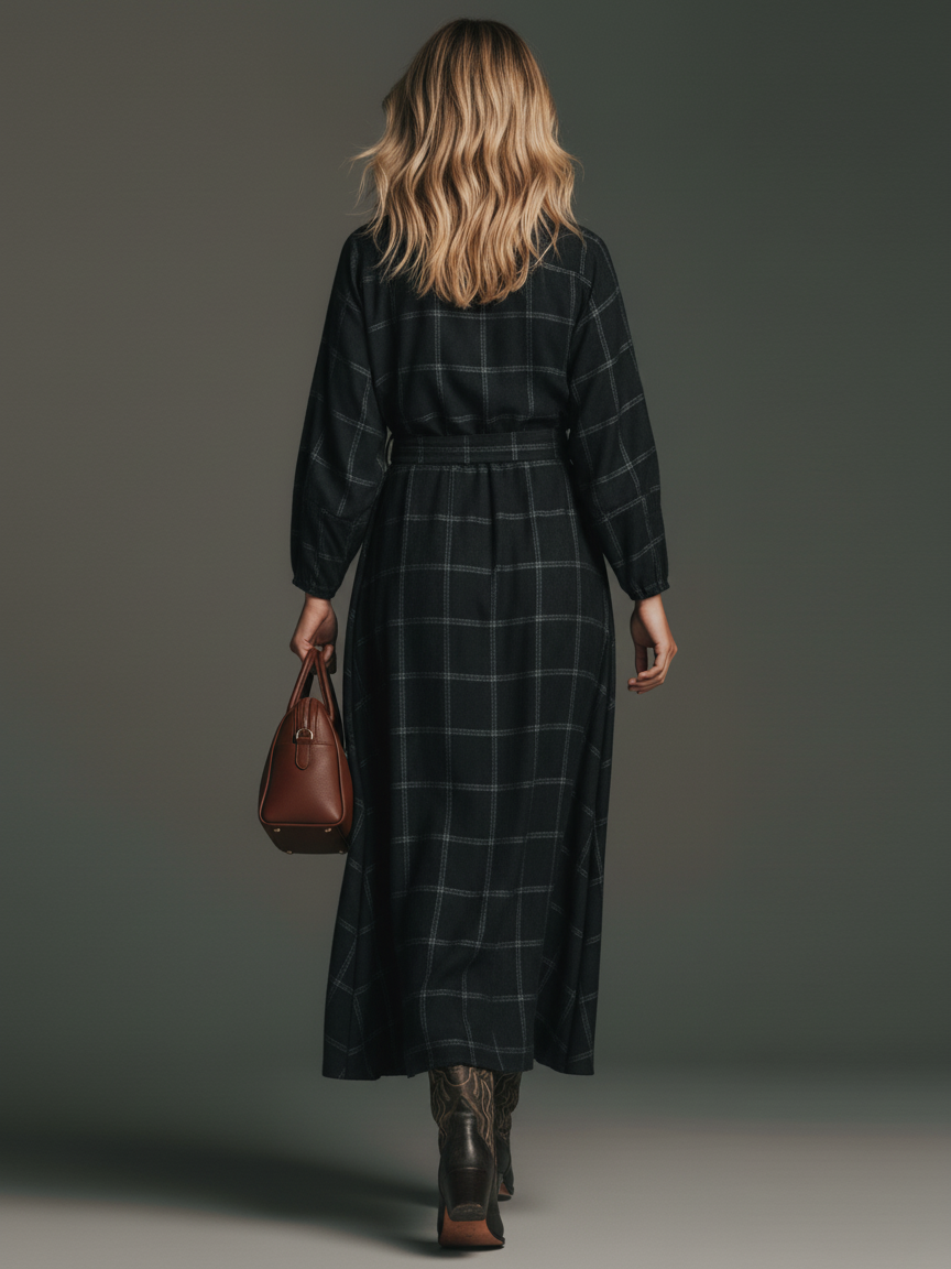 Women's Loose Faux Suede Plaid Long Sleeve Lapel Belted Midi Dress MDA2696I2Y