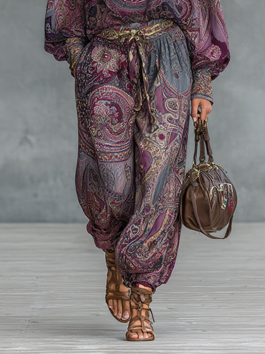 Women's Paisley Print Stand Collar Long Sleeve Blouse Loose Blossom Trousers Two-piece Set MDA2424G6Y