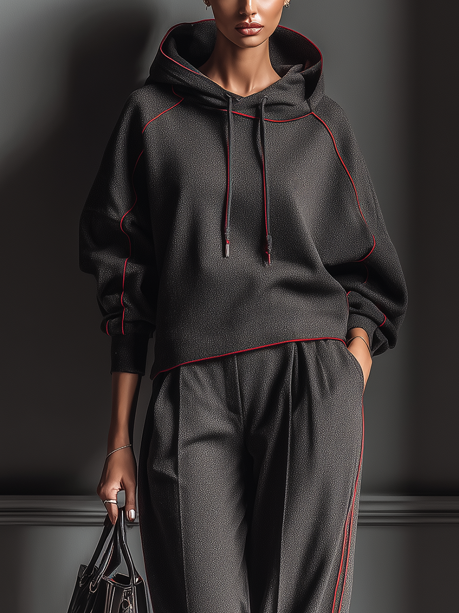 Women's Dark Gray Air Layer Red Contrasting Edge Hooded Sweatshirt And Straight Pants Set MDA1635J7T