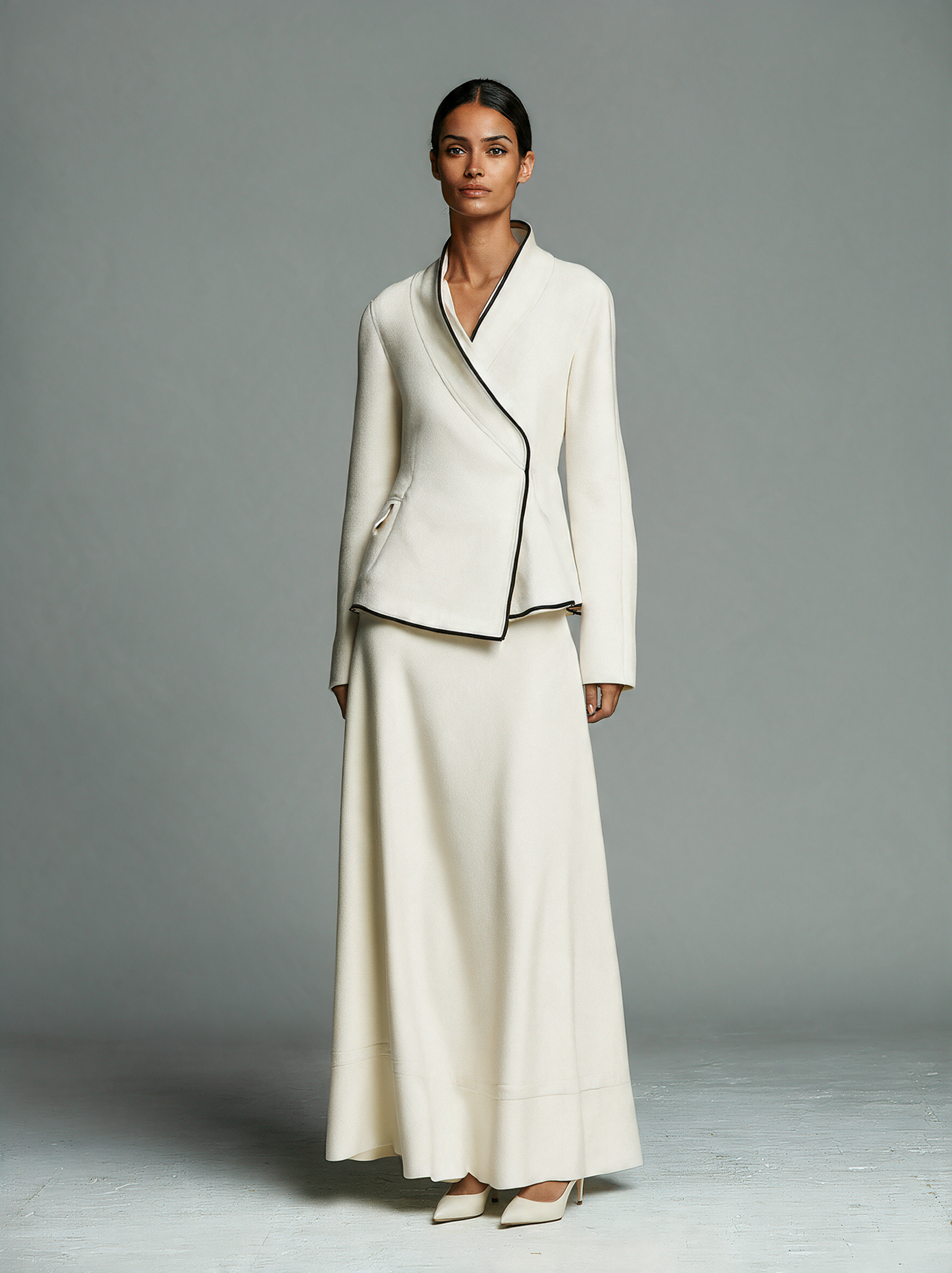 Women's Off‑White Asymmetric Wrap Jacket With Contrast Piping MDZ0442I3R
