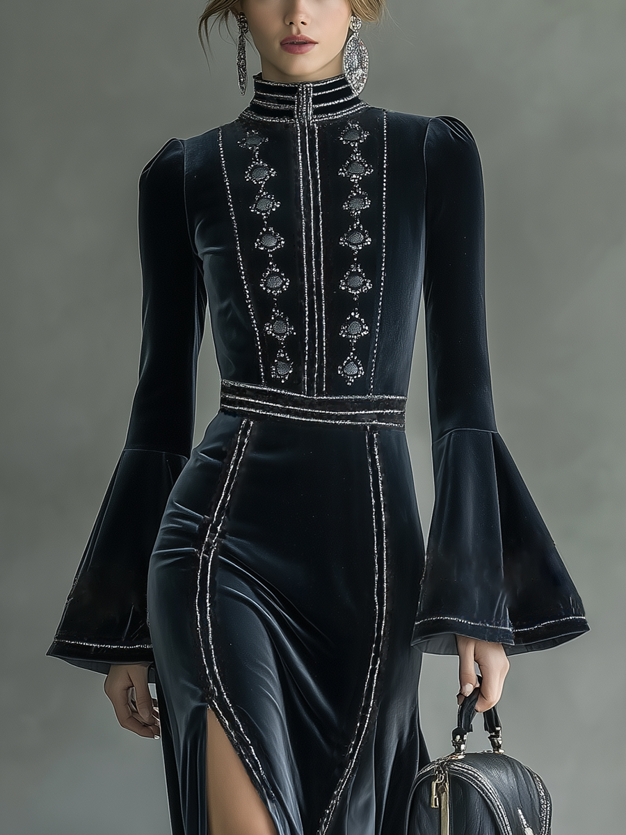 Women's Dark Blue Velvet Embroidered Waist-cinching Maxi Dress MDA3009J2T