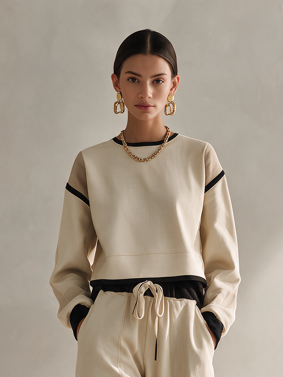 Women's Casual Black-Trim Round-Neck Dropped-Shoulder Long-Sleeve Cropped Top & Drawstring Cargo Wide-Leg Trouser Set MDZ2456H1CMX