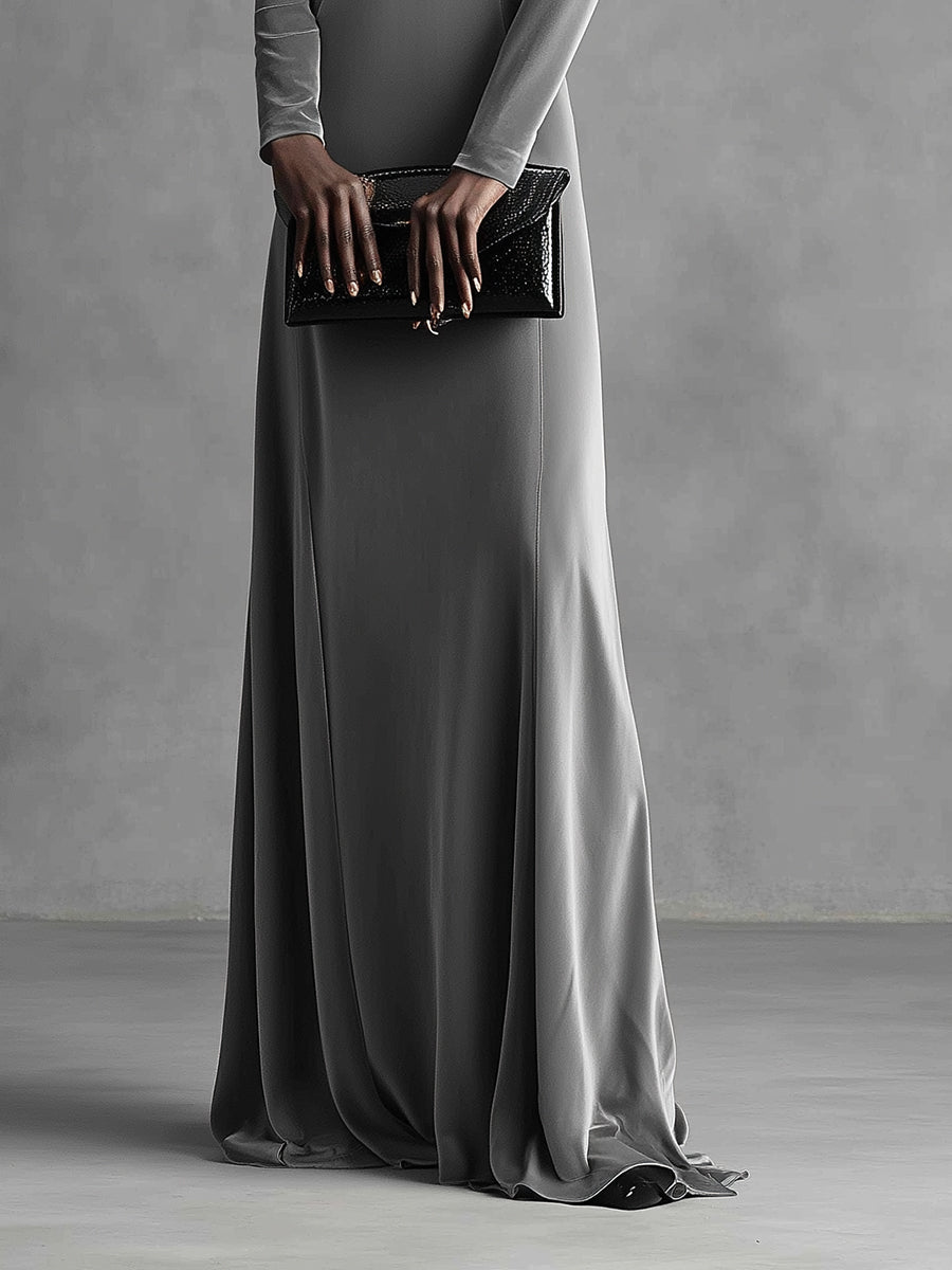 Women's Grey Velvet Elegant Cold-Shoulder Turtleneck Maxi Dress MDA3190J5I