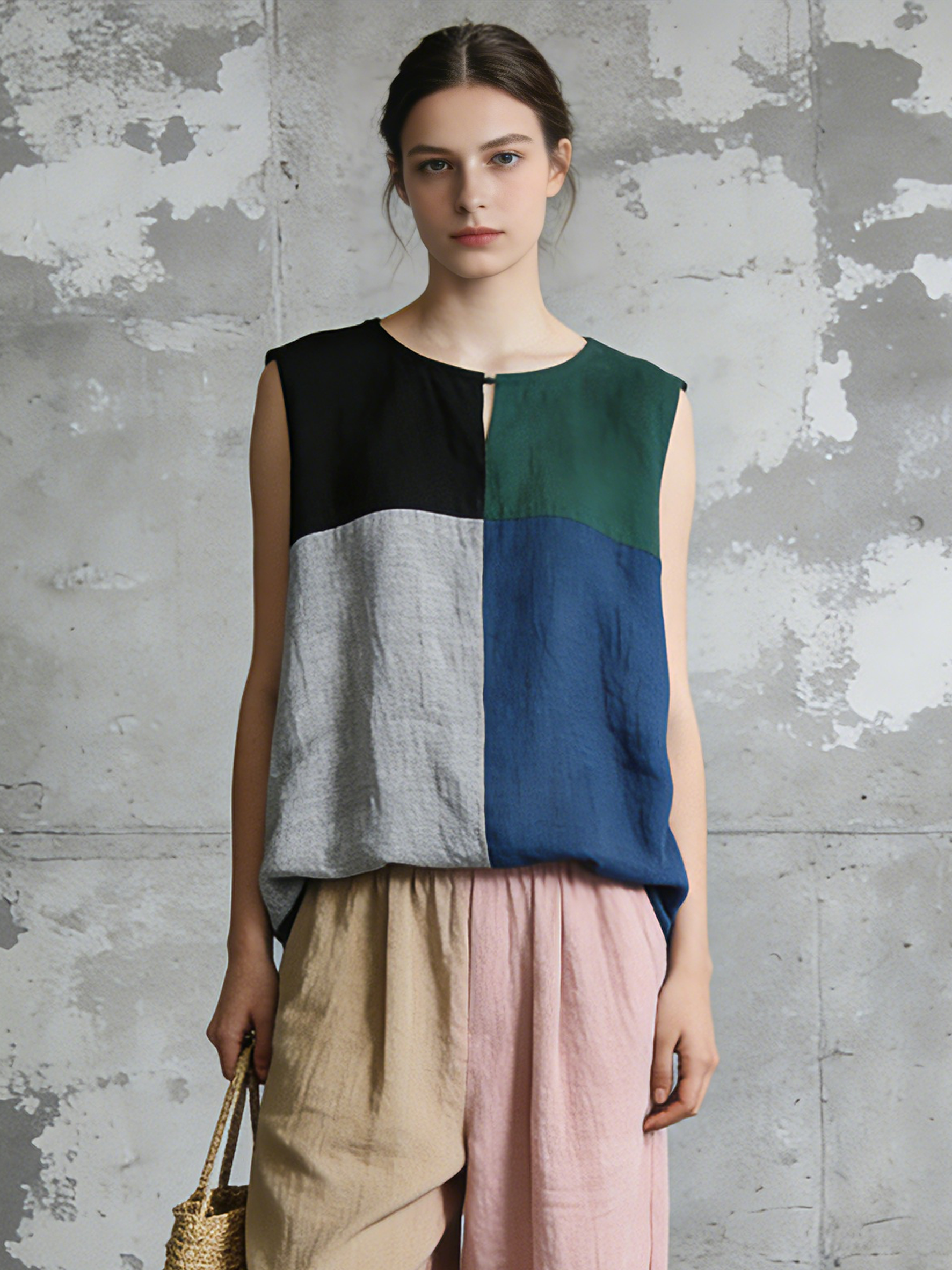 Women's Minimalist Color-Blocked Sleeveless Blouse Straight Leg Pants Set MDZ2602B0Y