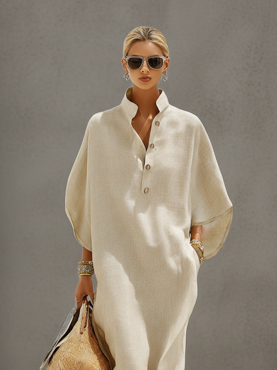 Women's Oatmeal Linen Dress With Mandarin Collar & Dolman Sleeves, Timeless Resort-Casual Style Dress MDZ0552B1I
