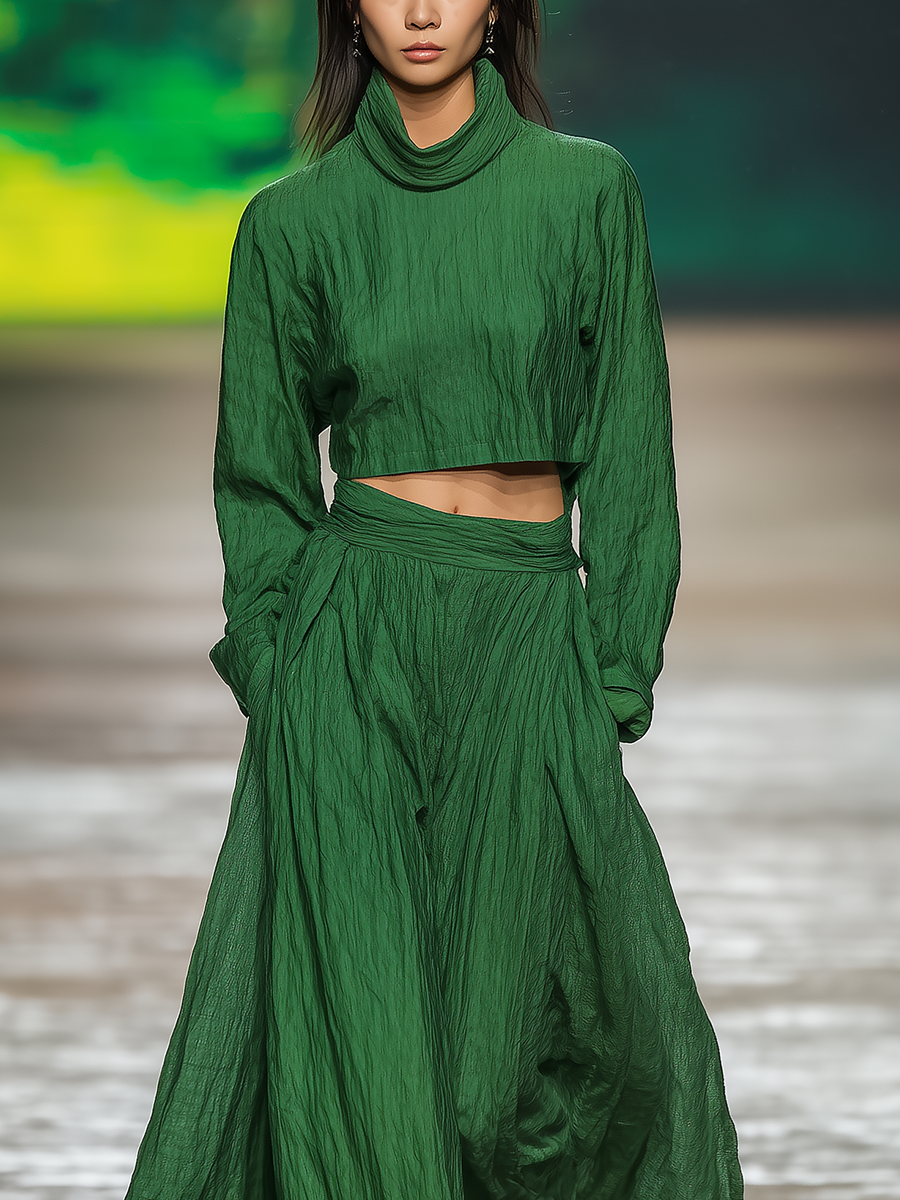 Women's Emerald Green Pleated Cotton Blend Turtleneck Two-Piece Set MDA0485L6T