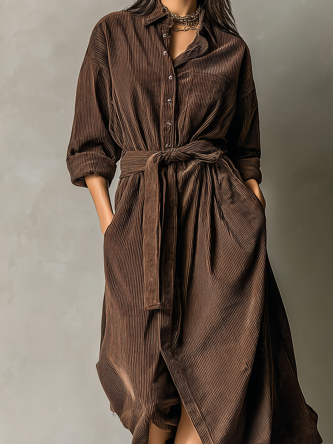 Women's Elegant Dark Brown Corduroy Long-sleeved Button-down Shirt Dress With Belt MDA1528L8AN