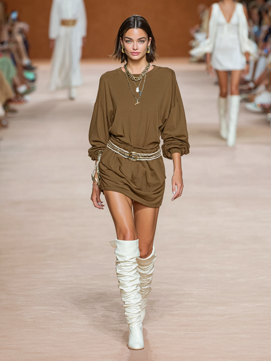 Women's Loose Drawstring Round Neck Long Sleeve Mini Dress(Without Belt) MDA1253H3Y