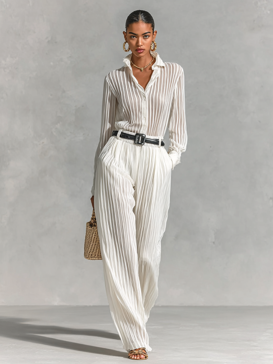 Women's Textured Fabric Long Sleeve Shirt Straight Pants All White Two-piece Set (without belt)MDA1582G3Y