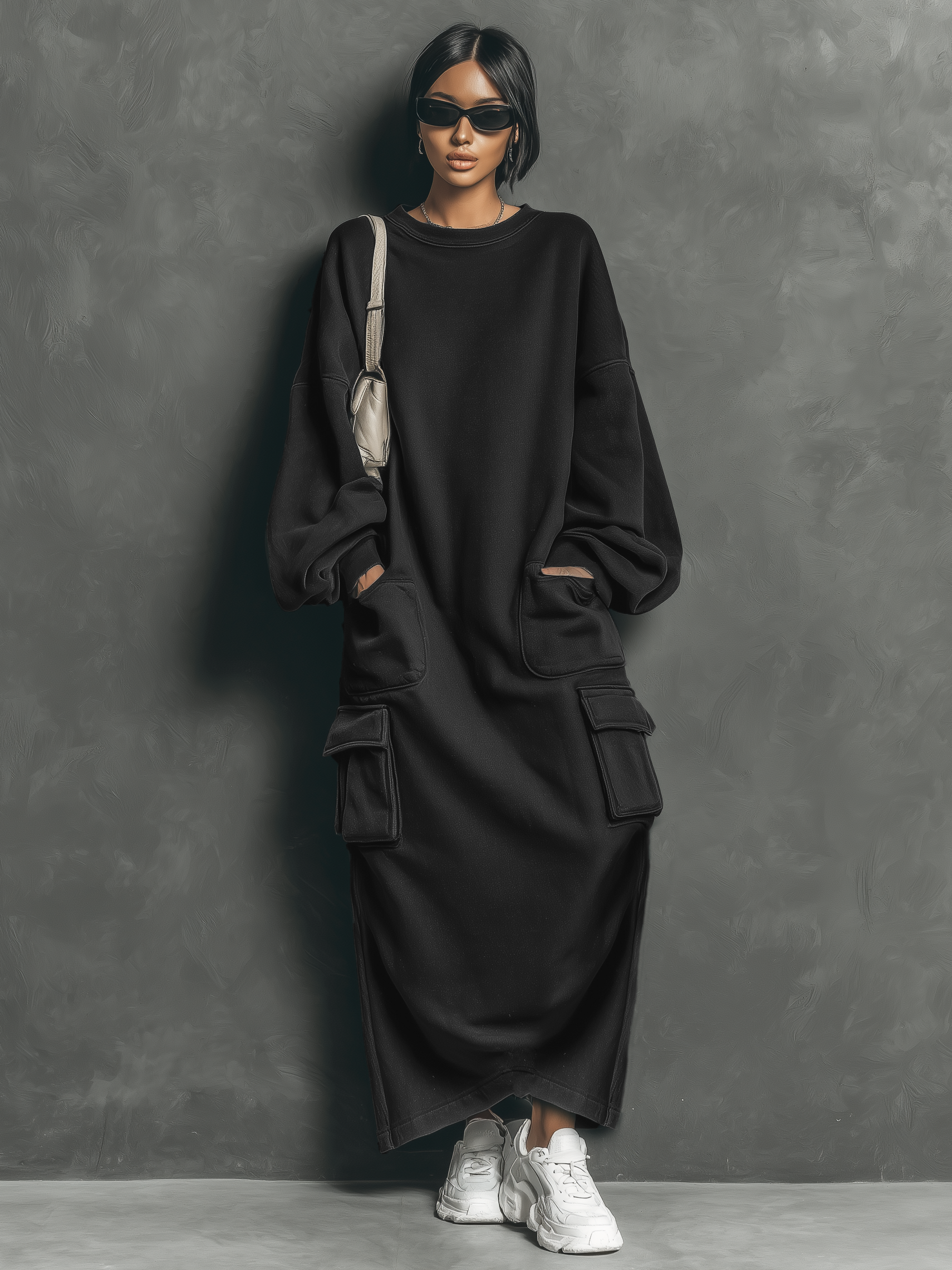 Women's Casual Multi-pocket Sweatshirt Maxi Dress MDA1833L9Y