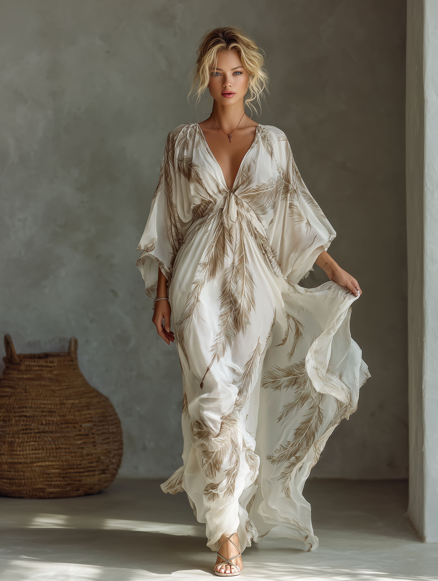 Women's Ivory And Taupe Chiffon Fabric Dolman Sleeve Maxi Dress With T – Modesees