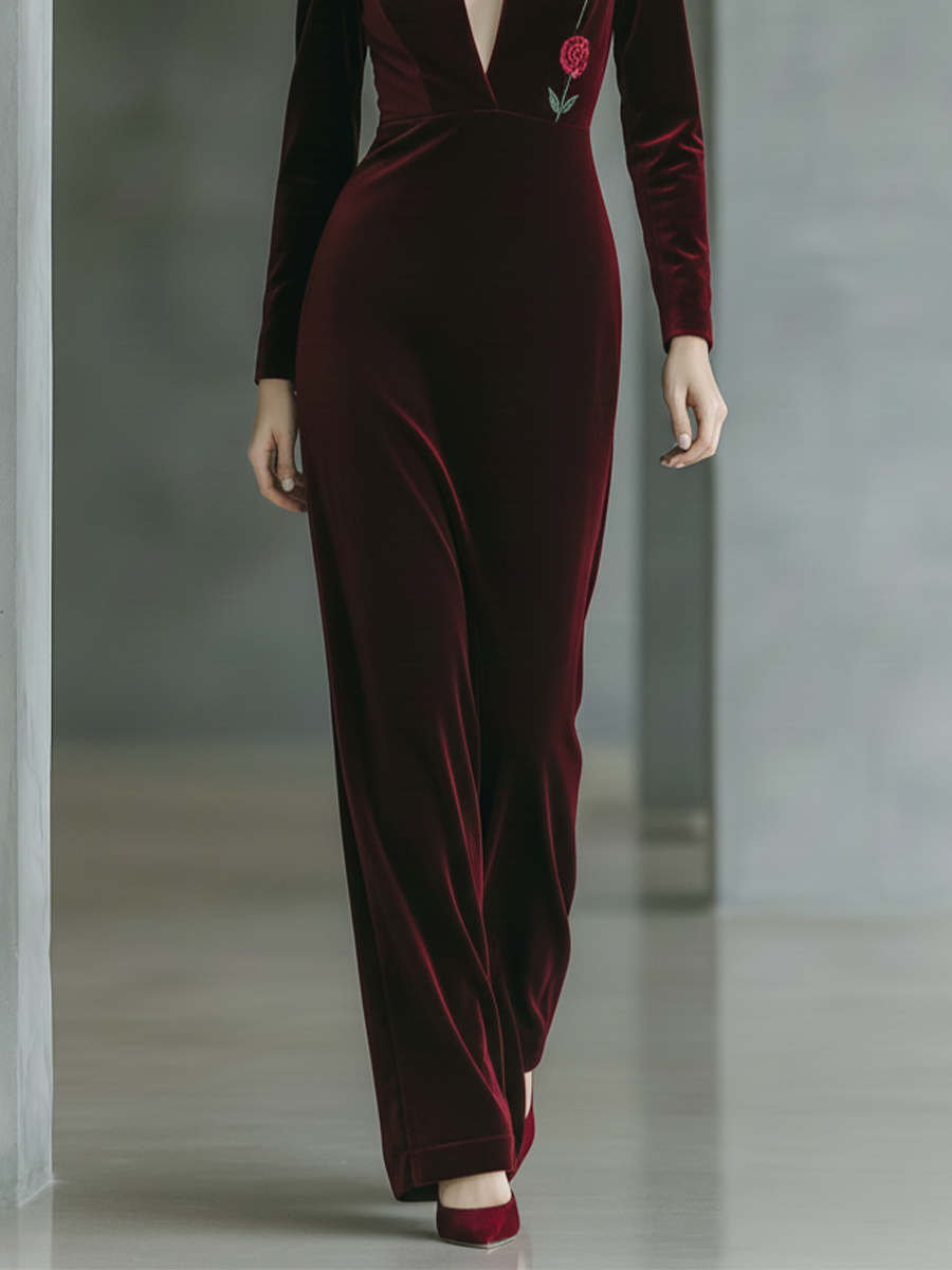 Women's Burgundy Velvet Fabric Deep V-Neck Embroidered Rose Maxi Dress MDA1275L7T