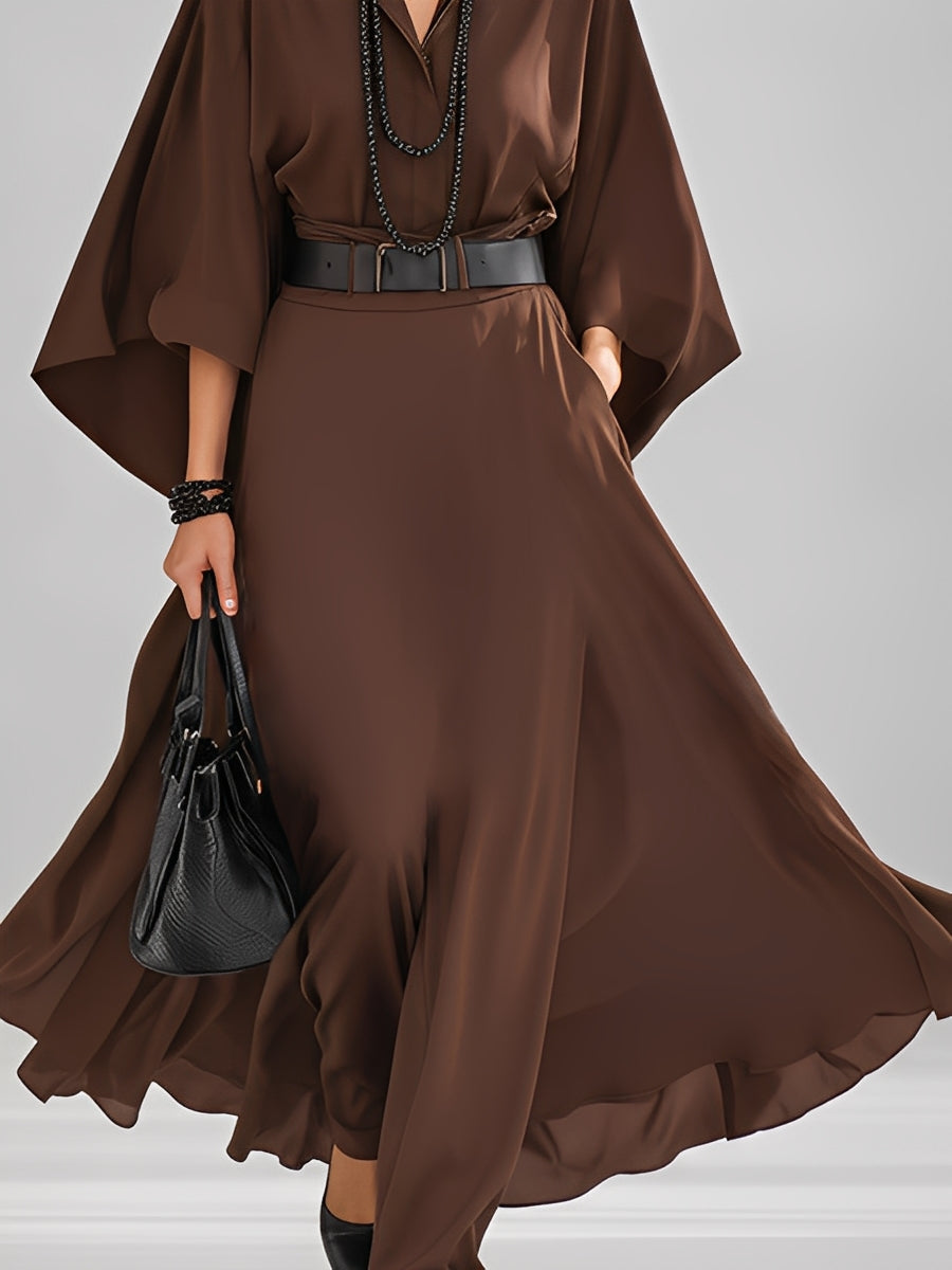 Women's Dark Brown Woven Set With Wide Sleeves & Maxi Skirt, Modern Sophisticated-Effortless Style Set (without Belt) MDA2500L2I