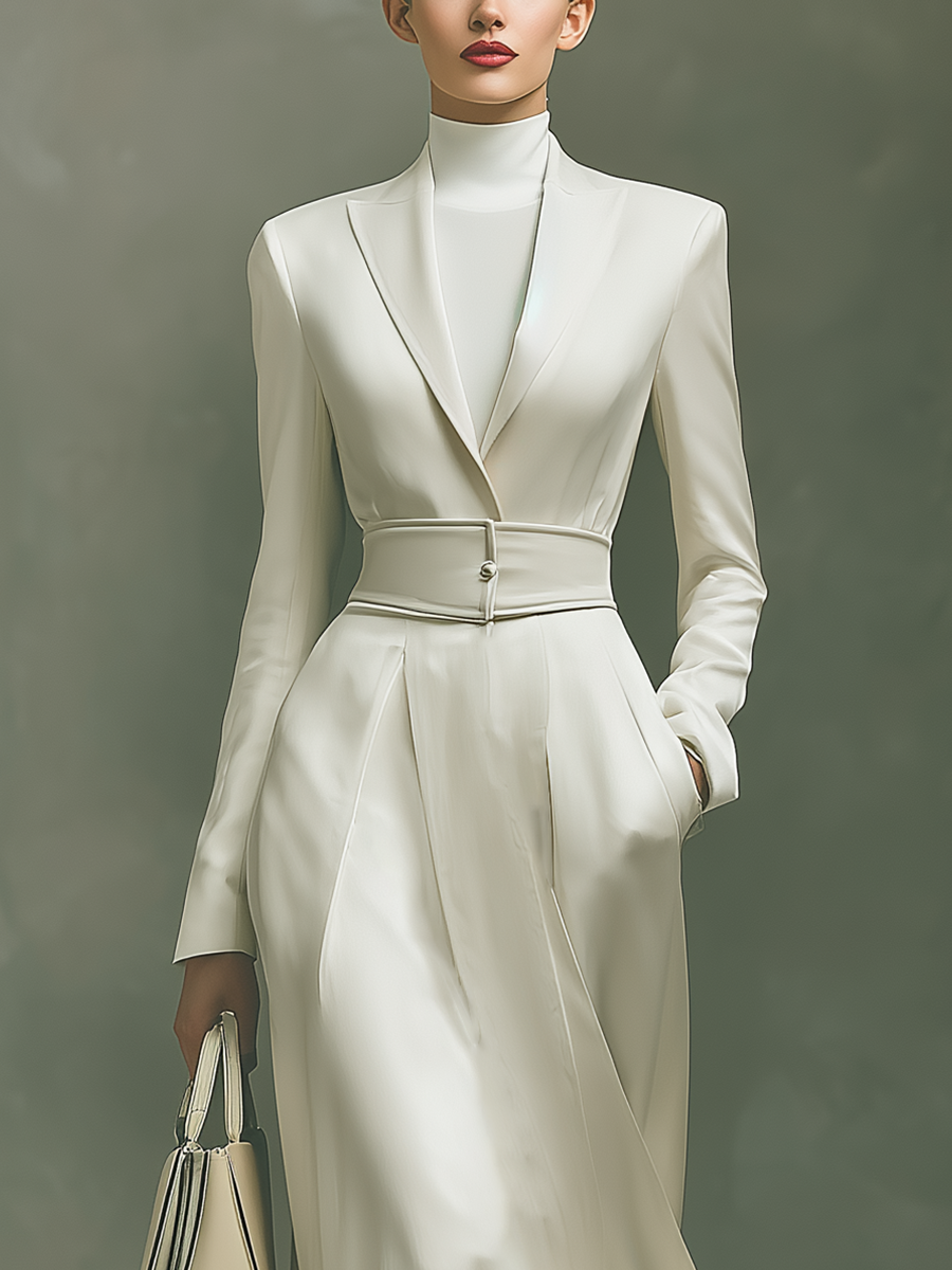 Women's Off-white Satin Suit Collar A-line Skirt Simple Maxi Dress MDA0993I6T