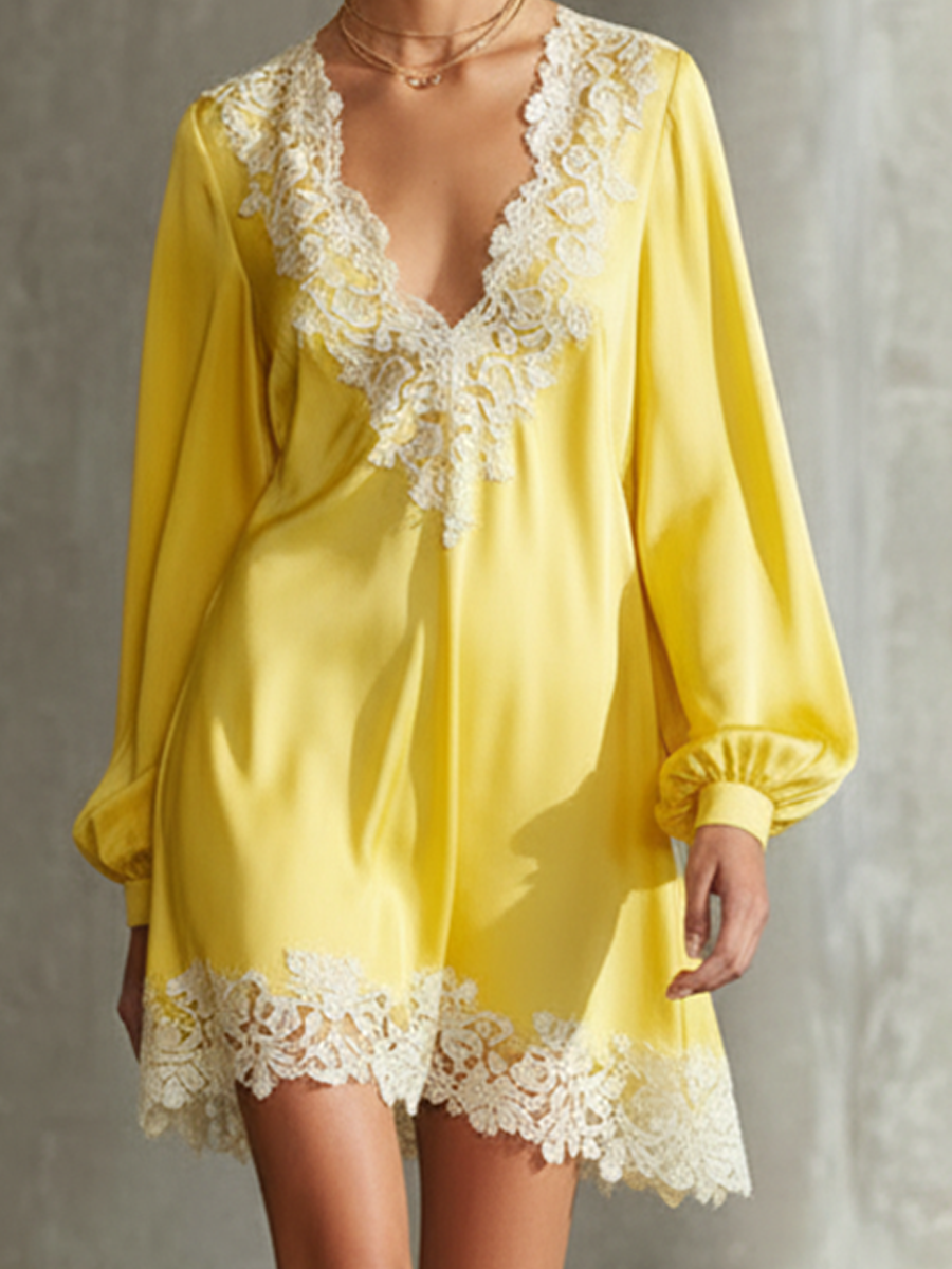 Women's Bright Yellow Satin Lace-Trimmed Puff Sleeve Mini Dress MDA2272L0AP