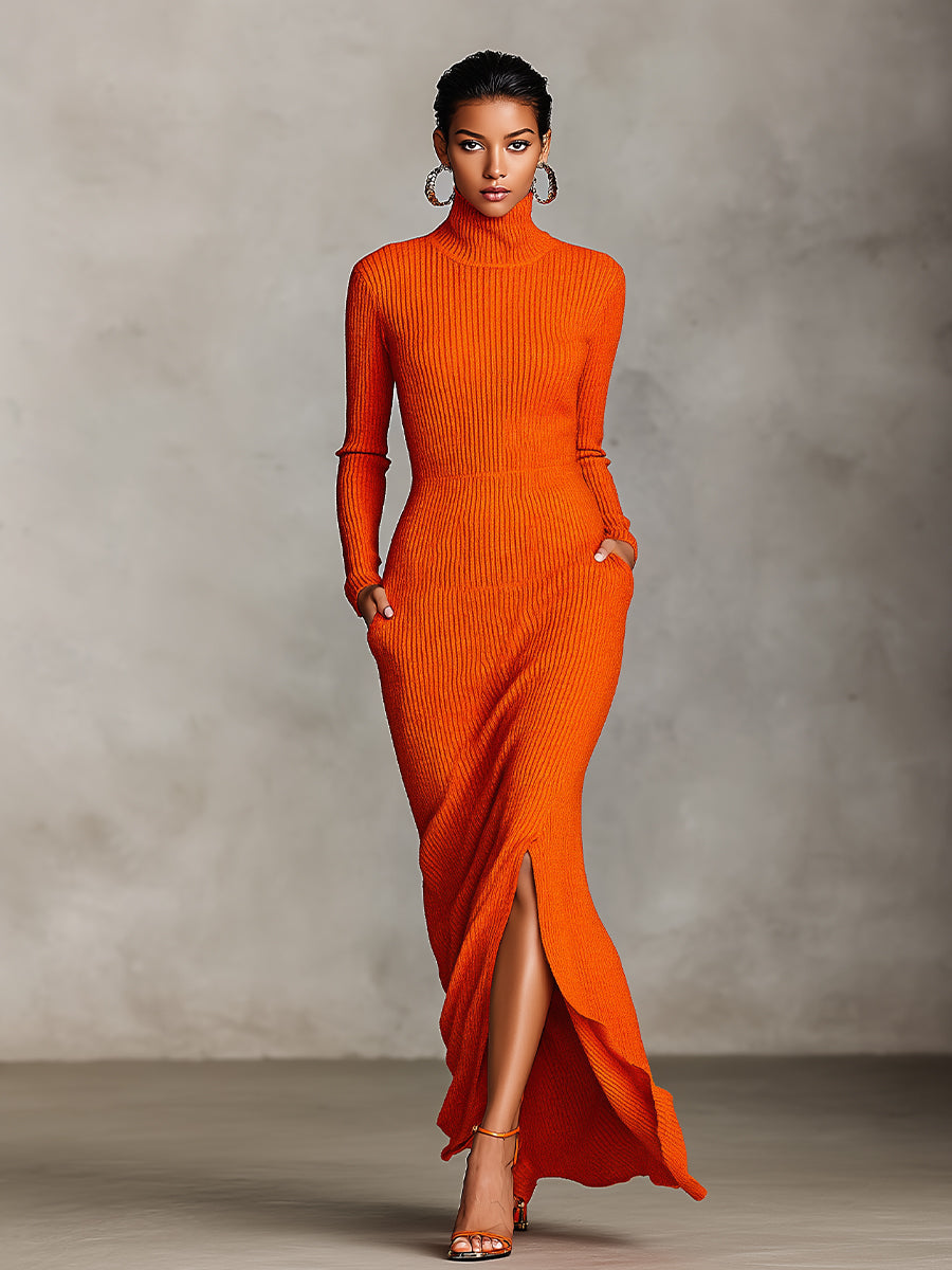 Women's Orange Elegant Ribbed Knit Turtleneck Slit Maxi Dress MDA1705I2I