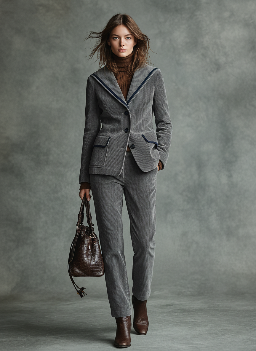 Women's Corduroy Sailor Collar Suit Jacket And Straight Leg Pants Set MDA0600K6Y